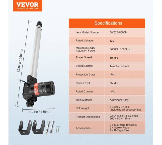 12V linijinis pavaras, 350 mm, 6000N6