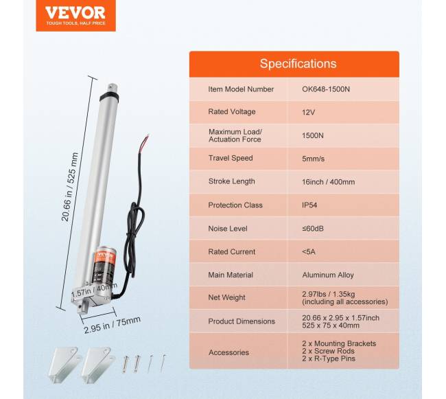 12V linijinis pavaras 16" 1500N6