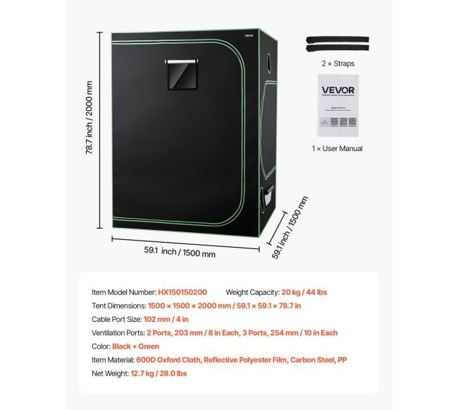 Patalpų auginimo palapinė 150x150x200 cm6